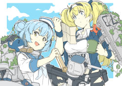 Rule 34 | 2girls, aqua neckerchief, blonde hair, blue eyes, blue hair, blue sailor collar, blush, cup, dixie cup hat, double bun, fang, flight deck, gambier bay (kancolle), hair between eyes, hair bun, hat, holding, holding cup, kantai collection, little blue whale (kancolle), long hair, machinery, military hat, multiple girls, neckerchief, ninimo nimo, open mouth, parted lips, rigging, sailor collar, samuel b. roberts (kancolle), school uniform, serafuku, short hair, short sleeves, smile, twintails, white headwear, yellow eyes