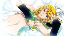 Rule 34 | 1girl, armpits, bad id, bad nicoseiga id, blonde hair, blue eyes, blush, border, censored, clothes lift, convenient censoring, detached sleeves, fading border, feathers, female focus, gradient background, hair ornament, hair ribbon, hairclip, headphones, headset, highres, k2pudding, kagamine rin, lying, navel, open mouth, ribbon, shirt lift, short hair, solo, vocaloid, white background