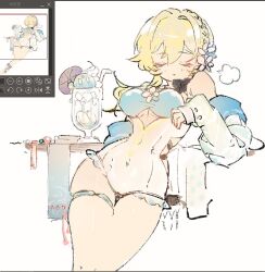 Rule 34 | 1girl, art program in frame, bare shoulders, blonde hair, braid, breasts, clothing cutout, covered navel, crown braid, cup, genshin impact, jacket, lumine (genshin impact), medium breasts, off shoulder, one-piece swimsuit, see-through swimsuit, short hair with long locks, simple background, slime (genshin impact), solo, swimsuit, thigh strap, towel, tray, underboob, underboob cutout, white background, white jacket, white one-piece swimsuit, white swimsuit, xiong ry