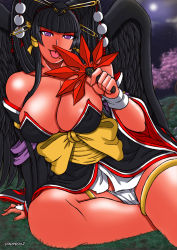 Rule 34 | 1girl, :p, areola slip, bad id, bad pixiv id, black hair, breasts, cleavage, colored skin, covered erect nipples, dead or alive, dead or alive 5, detached sleeves, eyeliner, fundoshi, hair ornament, hair stick, hand fan, hat, highres, japanese clothes, large breasts, makeup, mole, naughty face, nyotengu, papepox2, purple eyes, red skin, sash, sitting, solo, tan, tengu, textless version, tokin hat, tongue, tongue out, yokozuwari
