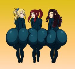 Rule 34 | 3girls, absurdres, ass, ass-to-ass, ass focus, blonde hair, bodysuit, brown hair, cana alberona, erza scarlet, fairy tail, highres, huge ass, looking at viewer, lucy heartfilia, multiple girls, red hair, smile, spandex
