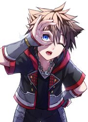 Rule 34 | 1boy, blue eyes, brown hair, crown necklace, hair between eyes, highres, jacket, jewelry, kagachi 118, kingdom hearts, male focus, necklace, one eye closed, open mouth, short hair, short sleeves, solo, sora (kingdom hearts), spiked hair, white background