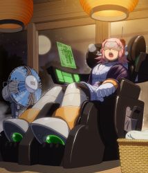 Rule 34 | 1girl, alternate costume, android, electric fan, full moon, hand fan, headgear, headset, indoors, japanese clothes, mega man (series), mega man x: command mission, mega man x (series), moon, multicolored hair, nana (mega man x: command mission), napo, night, open mouth, pink hair, robot ears, short hair, sitting, sky, sleep mask, solo, star (sky), starry sky, tagme, teeth, two-tone hair, upper teeth only, white hair, window