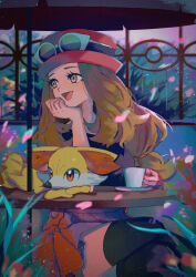 Rule 34 | 1girl, :d, black thighhighs, commentary, creatures (company), cup, eyelashes, eyewear on headwear, falling petals, fennekin, game freak, gen 6 pokemon, grey eyes, hand up, hat, head rest, highres, holding, holding cup, karin (nasi0402), long hair, looking to the side, nail polish, nintendo, open mouth, outdoors, petals, pokemon, pokemon (creature), pokemon xy, red headwear, red skirt, saucer, serena (pokemon), sitting, skirt, smile, sunglasses, symbol-only commentary, table, thighhighs, tongue, white-framed eyewear, zettai ryouiki