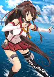 Rule 34 | 1girl, black thighhighs, blue sky, breasts, brown eyes, brown hair, cloud, cloudy sky, commentary request, day, detached sleeves, female focus, flower, hair flower, hair ornament, headgear, hip vent, kantai collection, large breasts, long hair, map (blue catty), matching hair/eyes, miniskirt, ocean, on water, open mouth, outdoors, pleated skirt, ponytail, red skirt, shell, single thighhigh, skirt, sky, solo, thighhighs, translation request, water, yamato (kancolle)