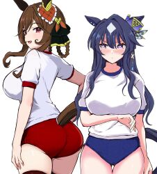 Rule 34 | 2girls, alternate costume, annoyed, ass, blue hair, blush, breasts, brown hair, commentary request, dark blue hair, gentildonna (umamusume), hair between eyes, hair rings, highres, horse girl, kokora (kokorahen), large breasts, long hair, mole, mole under eye, multiple girls, red eyes, umamusume, verxina (umamusume), white background