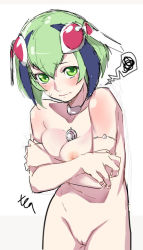 Rule 34 | 10s, 1girl, android, blush, bob cut, body blush, breasts, cleavage, covering privates, dimension w, embarrassed, green eyes, green hair, looking at viewer, matching hair/eyes, nana g, navel, nude, robot ears, short hair, simple background, sketch, solo, sweatdrop, uncensored, upper body, white background, yurizaki mira