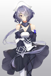 Rule 34 | 1girl, arknights, arm under breasts, asymmetrical legwear, black dress, black pantyhose, black ribbon, black skirt, breasts, buttons, cleavage, closed mouth, commentary, crying eye, detached collar, detached sleeves, double-breasted, dress, eyepatch, feet out of frame, floating hair, gloves, gradient background, grey background, hair between eyes, hair intakes, hat, highres, leg ribbon, light purple hair, looking at viewer, medical eyepatch, medium breasts, mismatched legwear, nurse cap, one eye covered, pantyhose, ponytail, purple eyes, ribbon, short hair with long locks, simple background, skirt, solo, standing, two-tone dress, wavy hair, whisperain (arknights), white dress, white gloves, white hat, white pantyhose