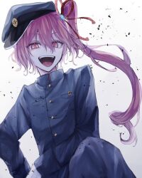 Rule 34 | 1girl, bungou stray dogs, gloves, green hat, green pants, green shirt, hat, long hair, looking at viewer, military, military hat, military uniform, okura teruko, open mouth, pants, red eyes, red hair, shirt, simple background, smile, solo, tongue, uniform, very long hair, white background, white gloves