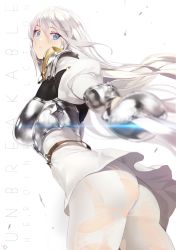 Rule 34 | 1girl, armor, ass, belt, blue eyes, blurry, blurry foreground, boobplate, breastplate, copyright request, cowboy shot, depth of field, dress, english text, floating hair, from behind, glint, hair between eyes, highres, holding, holding sword, holding weapon, juliet sleeves, long hair, long sleeves, looking at viewer, looking back, pantyhose, parted lips, puffy sleeves, rapier, short dress, solo, standing, sword, torn clothes, torn pantyhose, weapon, white dress, white hair, white pantyhose, yd (orange maru)
