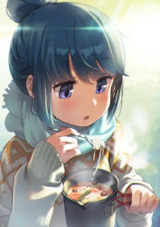 Rule 34 | 1girl, :o, blue hair, blue scarf, blurry, blurry background, blush, commentary, depth of field, food, fork, fringe trim, hair between eyes, hair bun, hands up, highres, holding, holding fork, long sleeves, looking away, minawa, noodles, parted lips, pot, purple eyes, scarf, shima rin, sidelocks, single hair bun, sleeves past wrists, solo, steam, upper body, yurucamp