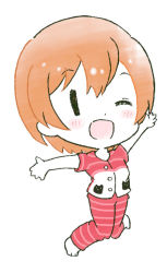 Rule 34 | 1girl, ;), animal print, artist name, artist request, barefoot, breasts, buttons, cat print, chibi, collarbone, feet, female focus, full body, green eyes, hair between eyes, hoshizora rin, looking at viewer, love live!, love live! school idol project, one eye closed, orange hair, pajamas, pants, parted lips, red pajamas, red shirt, shirt, short hair, short sleeves, small breasts, smile, solo, striped clothes, striped pajamas, striped pants, striped shirt, white background, wink, yellow eyes