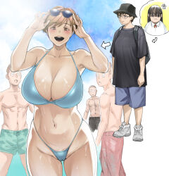 Rule 34 | 1girl, 3boys, before and after, bikini, black shirt, blue bikini, breasts, brown hair, cameltoe, cleavage, cowboy shot, eyewear on head, hair over one eye, halterneck, hat, highres, huge breasts, lesson wonder, looking at another, multiple boys, open mouth, original, outdoors, shirt, short hair, sunglasses, surprised, sweat, swimsuit, wide-eyed