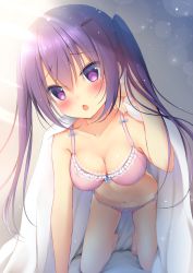 Rule 34 | 1girl, all fours, bare arms, bare legs, bare shoulders, barefoot, blush, bow, bow bra, bow panties, bra, breasts, chestnut mouth, cleavage, collarbone, commentary request, frilled bra, frilled panties, frills, gochuumon wa usagi desu ka?, hair between eyes, hair ornament, hairclip, hand up, head tilt, long hair, medium breasts, panties, parted lips, pink bra, pink panties, purple eyes, purple hair, shibainu niki, sidelocks, solo, tedeza rize, twintails, under covers, underwear, underwear only, very long hair