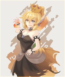 Rule 34 | 1girl, :d, armlet, bare arms, bare shoulders, beige background, black collar, black dress, blonde hair, blue eyes, bowsette, bracelet, breasts, brooch, cleavage, collar, collarbone, commentary request, cowboy shot, crown, dress, earrings, falken (yutozin), fire, fire, hair between eyes, hand on own hip, hand up, highres, horns, jewelry, large breasts, looking at viewer, mario (series), mini crown, new super mario bros. u deluxe, nintendo, open mouth, ponytail, short hair, simple background, single horn, smile, solo, spiked armlet, spiked bracelet, spiked collar, spiked shell, spikes, strapless, strapless dress, super crown