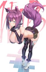 Rule 34 | 1girl, ahoge, animal ears, ass, bad id, bad pixiv id, bent over, bikini, bikini top only, black bikini, black thighhighs, blue eyes, blush, breasts, cleavage, closed mouth, commission, elbow gloves, finger to mouth, fingerless gloves, gloves, hanging breasts, heart, heart-shaped pupils, highres, huge breasts, k pring, large breasts, leaning forward, long hair, looking at viewer, original, purple hair, short shorts, shorts, shushing, smile, solo, standing, string bikini, sweat, swimsuit, symbol-shaped pupils, tail, thighhighs, white footwear