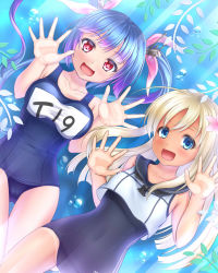 Rule 34 | 10s, 2girls, artist request, blonde hair, blue eyes, blue hair, blunt bangs, covered navel, eyebrows, flower, hair flower, hair ornament, highres, i-19 (kancolle), kantai collection, long hair, multicolored hair, multiple girls, name tag, old school swimsuit, one-piece swimsuit, open mouth, red eyes, ro-500 (kancolle), school swimsuit, smile, star-shaped pupils, star (symbol), swimsuit, symbol-shaped pupils, yukishiba yanagi