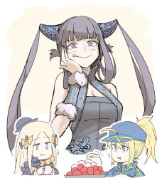 Rule 34 | 3girls, abigail williams (fate), ahoge, artoria pendragon (fate), bare shoulders, baseball cap, black bow, black dress, black headwear, blonde hair, blue eyes, blue headwear, blue jacket, blunt bangs, blush, bow, breasts, china dress, chinese clothes, cleavage, cropped jacket, detached sleeves, dress, eating, fate/grand order, fate (series), forehead, hair ornament, hair through headwear, hat, jacket, kankan33333, large breasts, leaf hair ornament, licking lips, long hair, looking at viewer, lychee, multiple bows, multiple girls, mysterious heroine x (fate), mysterious heroine xx (fate), open mouth, orange bow, parted bangs, ponytail, purple hair, ringed eyes, shrug (clothing), sidelocks, smile, tongue, tongue out, twintails, very long hair, yang guifei (fate), yang guifei (second ascension) (fate)