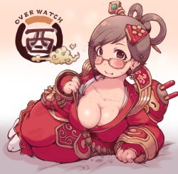 Rule 34 | 1girl, alternate costume, blizzard (company), blush, breasts, brown hair, chinese clothes, cleavage, glasses, hongbao, ibukichi, looking at viewer, luna mei, lying, mei (overwatch), official alternate costume, on side, overwatch, overwatch 1, robot, snowball (overwatch), wavy mouth