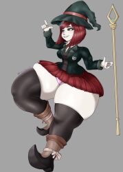 Rule 34 | 1girl, absurdres, breasts, curvy, danganronpa (series), danganronpa v3: killing harmony, female focus, full body, hair ornament, hat, highres, medium breasts, panties, pointy footwear, red hair, short hair, skindentation, solo, theomegagod, thick thighs, thighhighs, thighs, underwear, wide hips, witch hat, yumeno himiko