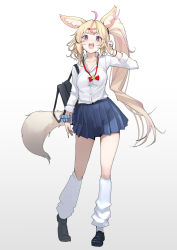 Rule 34 | 1girl, :d, ahoge, animal ear fluff, animal ears, bag, blonde hair, blue skirt, bow, bowtie, collared shirt, dress shirt, fox ears, fox tail, full body, hair ornament, hairclip, hand up, highres, hololive, kneehighs, long hair, looking at viewer, loose bowtie, loose socks, mitsuru (pixiv 34028718), multicolored hair, omaru polka, open mouth, pink hair, pleated skirt, purple eyes, red bow, red bowtie, scrunchie, shirt, shoes, shoulder bag, side ponytail, simple background, skirt, smile, socks, solo, standing, streaked hair, tail, v, very long hair, virtual youtuber, white shirt, white socks, wrist scrunchie