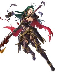 Rule 34 | 1girl, armor, bodysuit, boots, breasts, cape, cleavage, earrings, female focus, fire emblem, fire emblem: path of radiance, fire emblem heroes, full body, gloves, green hair, high heel boots, high heels, highres, holding, holding spear, holding weapon, injury, jewelry, lipstick, long hair, makeup, nintendo, official art, one eye closed, open mouth, polearm, prague (fire emblem), purple eyes, scar, solo, spear, teeth, torn clothes, transparent background, vambraces, weapon