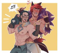 Rule 34 | 2boys, abs, bara, chest hair, glasses, heart, league of legends, looking at viewer, lou host, multiple boys, multiple scars, muscular, muscular male, musical note, pectorals, scar, scar on face, scar on nose, scar on stomach, sett (league of legends), speaker, sylas (league of legends), tongue, tongue out, topless male, veins, vest
