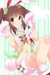 Rule 34 | 10s, 1girl, 2016, animal ears, animal hands, arm garter, bad id, bad twitter id, brown eyes, brown hair, clover, clover hair ornament, dated, fake animal ears, gloves, hair ornament, hairband, heart, idolmaster, idolmaster cinderella girls, looking at viewer, matching hair/eyes, midriff, navel, ogata chieri, paw gloves, rabbit ears, rabbit tail, short hair, shorts, sidelocks, sitting, smile, socks, solo, tail, trente, twintails