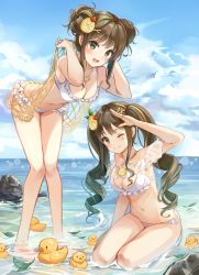 Rule 34 | 2girls, arm up, bare shoulders, beach, bikini, breasts, brown eyes, brown hair, cherry, cleavage, cloud, criss-cross halter, day, double bun, drill hair, food, frilled bikini, frills, fruit, hair ornament, halterneck, highres, leaning forward, lemon, lemon slice, long hair, looking at viewer, medium breasts, multiple girls, munape, navel, ocean, one eye closed, open mouth, original, outdoors, rubber duck, sidelocks, smile, standing, stomach, swimsuit, thighs, twin drills, twintails, water, white bikini