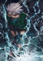 Rule 34 | 1boy, black gloves, black pants, covering own mouth, debris, electricity, electrokinesis, fingerless gloves, forehead protector, foreshortening, gloves, green vest, hand on own arm, hatake kakashi, headband, heterochromia, leaning forward, legs apart, lloule, looking at viewer, male focus, mask, motion blur, mouth mask, naruto, naruto (series), pants, purple eyes, red eyes, scar, scar across eye, scar on face, shaded face, silver hair, sleeves past elbows, spiked hair, standing, vest