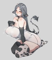 Rule 34 | 1girl, absurdres, animal ears, animal print, arm support, artist name, bell, black gloves, blush, breasts, character request, cleavage, collar, collarbone, copyright request, covered erect nipples, cow print, cowbell, dated, elbow gloves, full body, furrowed brow, gloves, grey background, grey hair, highres, horns, kneeling, long hair, looking to the side, muroku (aimichiyo0526), neck bell, no nose, open mouth, seiza, shadow, simple background, sitting, solo, strapless, sweat, symbol-only commentary, tail, thick thighs, thighhighs, thighs, tube top, very long hair