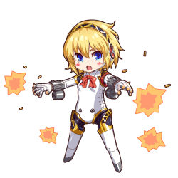 Rule 34 | 1girl, aegis (persona), android, blonde hair, blue eyes, blush stickers, bodysuit, explosion, hair between eyes, headphones, highres, kukuri (ahagon), neck ribbon, outstretched arms, persona, persona 3, ribbon, shell casing, short hair, solo, white background