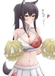 Rule 34 | 1girl, alternate costume, animal ears, arknights, bare shoulders, black hair, blue archive, breasts, cheerleader, cleavage, cosplay, crop top, extra ears, halterneck, heart, highres, holding, holding pom poms, large breasts, long hair, looking at viewer, midriff, millennium cheerleader outfit (blue archive), namikare, navel, parted lips, pleated skirt, pom pom (cheerleading), pom poms, ponytail, shirt, sidelocks, simple background, skirt, sleeveless, sleeveless shirt, slit pupils, solo, spaghetti strap, stomach, sweat, tail, texas (arknights), two-tone shirt, white background, white shirt, white skirt, wing collar, wolf ears, wolf girl, wolf tail, yellow eyes