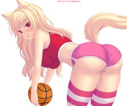 Rule 34 | 1girl, :o, animal ear fluff, animal ears, ass, ball, basketball, basketball (object), blonde hair, blush, breasts, cat ears, cat tail, highres, holding, holding ball, large breasts, long hair, looking at viewer, nottytiffy, original, red eyes, shiny skin, short shorts, shorts, slit pupils, solo, tail, thighhighs, thighs, tiffy (nottytiffy), watermark, web address