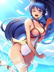 Rule 34 | 1girl, bare shoulders, blue eyes, blue hair, braid, breasts, cleavage, fire emblem, fire emblem: the sacred stones, fire emblem heroes, large breasts, long hair, looking at viewer, navel, nintendo, one-piece swimsuit, one eye closed, open mouth, pegasus knight uniform (fire emblem), phiphi-au-thon, ponytail, side braid, smile, solo, swimsuit, tana (fire emblem), tana (summer) (fire emblem), twin braids, water