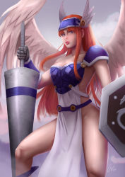 Rule 34 | 1girl, breasts, carlos vasseur, castlevania (series), cleavage, closed mouth, cloud, commentary, commission, commissioner upload, gloves, groin, highres, long hair, looking at viewer, polearm, shield, solo, spear, valkyrie, weapon, wings