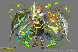 Rule 34 | 1girl, armor, boots, braid, cape, circlet, company name, copyright name, full body, fullbokko heroes, fur trim, gauntlets, greaves, green cape, grey background, holding, holding sword, holding weapon, long hair, official art, plant, pota (bluegutty), solo, sword, very long hair, vines, weapon