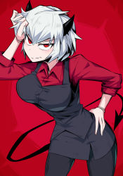 Rule 34 | 1girl, arm up, black horns, black pantyhose, breasts, collared shirt, commentary, demon girl, demon horns, demon tail, hand on own hip, helltaker, highres, horns, leaning forward, malina (helltaker), pantyhose, red background, red eyes, red shirt, shimure (460), shirt, short hair, sleeves rolled up, solo, tail, v-shaped eyebrows, wavy mouth, white hair