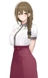Rule 34 | 1girl, braid, braided ponytail, breasts, brown eyes, brown hair, collared shirt, dress shirt, highres, idolmaster, idolmaster shiny colors, knatb, kuwayama chiyuki, large breasts, shirt, simple background, skirt, solo, source request, white background