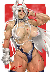 Rule 34 | 1girl, abs, absurdres, animal ears, areola slip, blood, blood on face, boku no hero academia, breasts, dark skin, fellatio, gloves, highres, large breasts, licking, licking penis, long hair, looking at viewer, ming liu, mirko, muscular, muscular female, navel, oral, penis, rabbit ears, thick thighs, thighs, torn clothes, white gloves, white hair