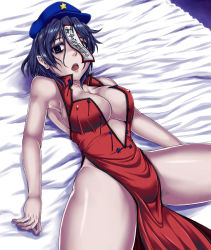 Rule 34 | 1girl, armpits, bare shoulders, bed sheet, beret, blue eyes, blue hair, breasts, chinese clothes, cleavage, covering one eye, dress, covered erect nipples, female focus, hat, jiangshi, kuon846, kuon yashiro, kyuuen yashiro, large breasts, lying, matching hair/eyes, miyako yoshika, no bra, no panties, ofuda, on back, open clothes, open dress, open mouth, pale skin, pelvic curtain, pointy ears, red dress, short hair, sleeveless, sleeveless dress, solo, spread legs, star (symbol), thick thighs, thighs, touhou
