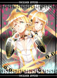 Rule 34 | 1boy, 1girl, alternate eye color, black sleeves, blonde hair, bow, breasts, brother and sister, choker, cleavage, clenched teeth, collarbone, detached sleeves, gabiran, green eyes, grin, hair bow, hairband, highres, jewelry, kagamine len, kagamine rin, necklace, print sleeves, red eyes, shirt, short hair, siblings, sleeveless, sleeveless shirt, smile, teeth, upper body, vocaloid, vocaloid append, white bow, white hairband, white shirt