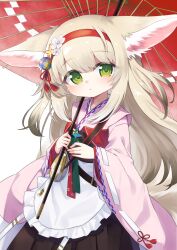 Rule 34 | 1girl, absurdres, animal ears, apron, arknights, blonde hair, blush, closed mouth, coin purse, commission, commissioner upload, flower, fox ears, fox girl, fox tail, frilled apron, frills, green eyes, hair flower, hair ornament, hairband, highres, holding, holding umbrella, japanese clothes, kimono, kokone (coconeeeco), long hair, long sleeves, looking at viewer, non-web source, official alternate costume, oil-paper umbrella, pink kimono, pinwheel, red hairband, red umbrella, skeb commission, solo, suzuran (arknights), suzuran (yukibare) (arknights), tail, umbrella, waist apron, white apron, wide sleeves, yagasuri