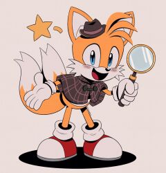 Rule 34 | 1boy, animal ears, animal nose, artist name, blue eyes, blush, brown coat, brown hat, coat, coat on shoulders, detective, fedora, fox, fox ears, fox tail, furry, furry male, gloves, hat, holding glass, magnifying glass, multiple tails, open mouth, plaid, plaid coat, red footwear, sega, shadow, shoes, simple background, smile, sneakers, solo, sonic (series), standing, star (symbol), tail, tails (sonic), the murder of sonic the hedgehog, thegaminggoru, twitter username, two tails, white background, white fur, white gloves, yellow fur
