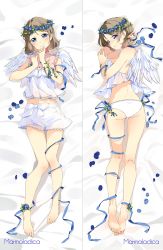 Rule 34 | 1girl, artist name, bare legs, barefoot, bed sheet, blouse, blue eyes, blue flower, blue ribbon, blush, breasts, brown hair, closed mouth, commentary, commission, dakimakura (medium), dimples of venus, english commentary, feathered wings, feet, flower, full body, hair ornament, hairclip, hands up, head wreath, highres, looking at viewer, love live!, love live! sunshine!!, lying, marmaladica, midriff, multiple views, on back, on stomach, panties, petals, ribbon, see-through, shirt, short hair, shorts, small breasts, smile, underwear, watanabe you, white panties, white shirt, white shorts, white wings, wings