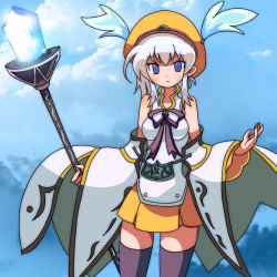 Rule 34 | 1girl, bare shoulders, beret, breasts, cloud, detached sleeves, hat, lucia (luminous arc), luminous arc, ribbon, short hair, skirt, staff, thighhighs, white hair