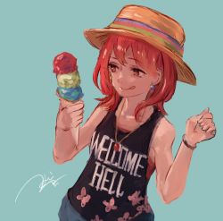 Rule 34 | 1girl, adapted costume, black shirt, clothes writing, collarbone, earrings, food, green background, hands up, hat, hecatia lapislazuli, ice cream, ice cream cone, jewelry, kouzuki kei, necklace, red eyes, red hair, shirt, shorts, signature, simple background, solo, standing, straw hat, tongue, tongue out, touhou, wristband