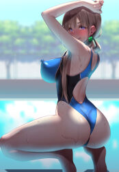 Rule 34 | 1girl, :p, andou you, arms up, ass, back cutout, blonde hair, blue one-piece swimsuit, blurry, blurry background, blush, bright pupils, clothing cutout, competition swimsuit, covered erect nipples, hair ornament, long hair, looking back, one-piece swimsuit, original, purple eyes, sky, solo, squatting, swimsuit, tongue, tongue out, tree, two-tone one-piece swimsuit, water, wet, wet clothes, wet swimsuit, white pupils