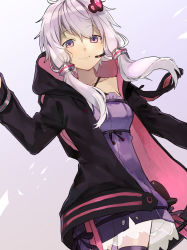 Rule 34 | 1girl, animal hood, black jacket, closed mouth, cowboy shot, dress, hair between eyes, hair ornament, highres, hood, hood down, hooded jacket, jacket, long hair, long sleeves, looking at viewer, low twintails, microphone, open clothes, open jacket, pink eyes, purple dress, purple hair, purple thighhighs, rabbit hood, saz8720, short hair with long locks, smile, solo, thighhighs, twintails, vocaloid, voiceroid, yuzuki yukari