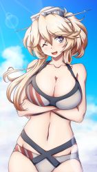 Rule 34 | 1girl, 547th sy, alternate costume, alternate hairstyle, bikini, blonde hair, blue eyes, blue sky, breasts, cloud, collarbone, cowboy shot, day, headgear, highres, iowa (kancolle), kantai collection, large breasts, long hair, navel, one eye closed, outdoors, ponytail, sky, solo, standing, star-shaped pupils, star (symbol), striped bikini, striped clothes, swimsuit, symbol-shaped pupils, white bikini